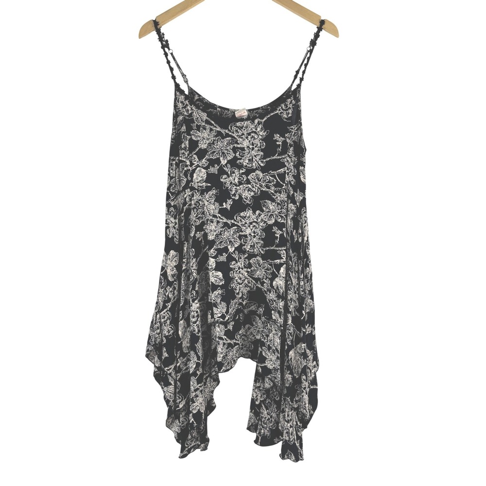 Honolua‎ Wahine Black Floral Handkerchief Hem Cami Top M Tropical Flowy Boho